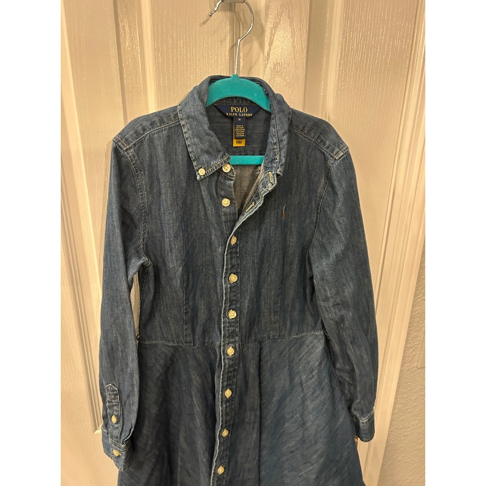 Polo Ralph Lauren‎ Denim Dress Blue Long Sleeve Button Front Fit Flare Kids 10